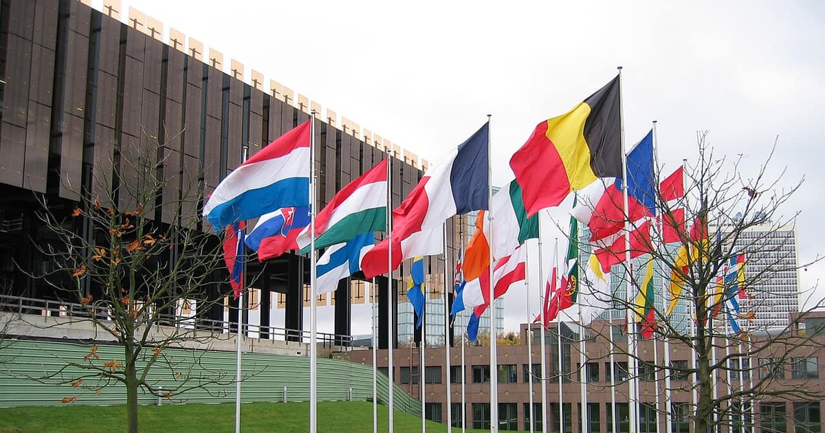 EU member-state flags outside the European Court of Justice in Luxembourg